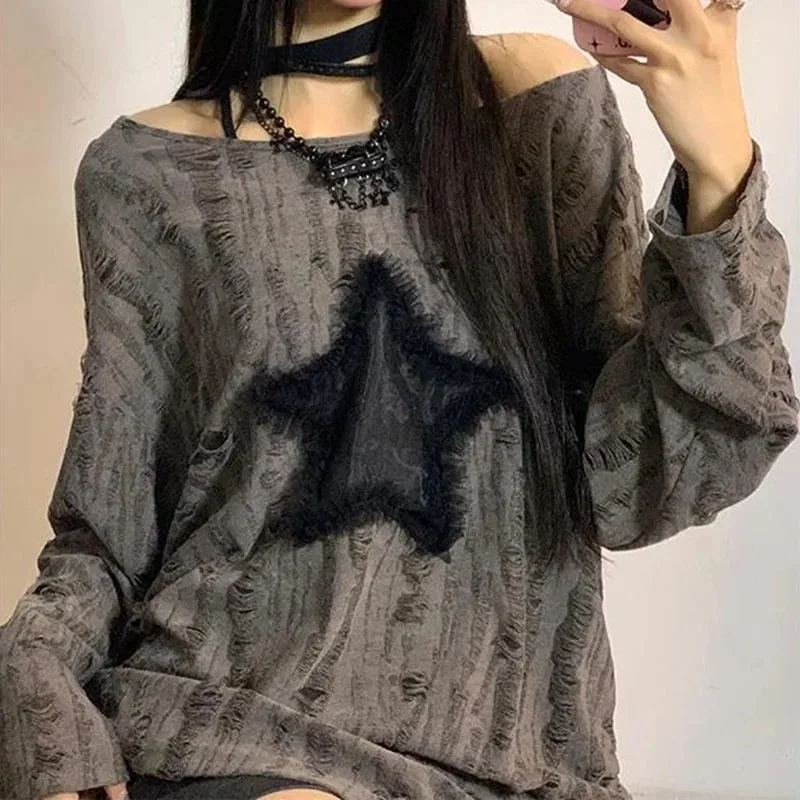 Y2K Hole Star Print T-Shirt Wo - Street Fashion Kpop review and price