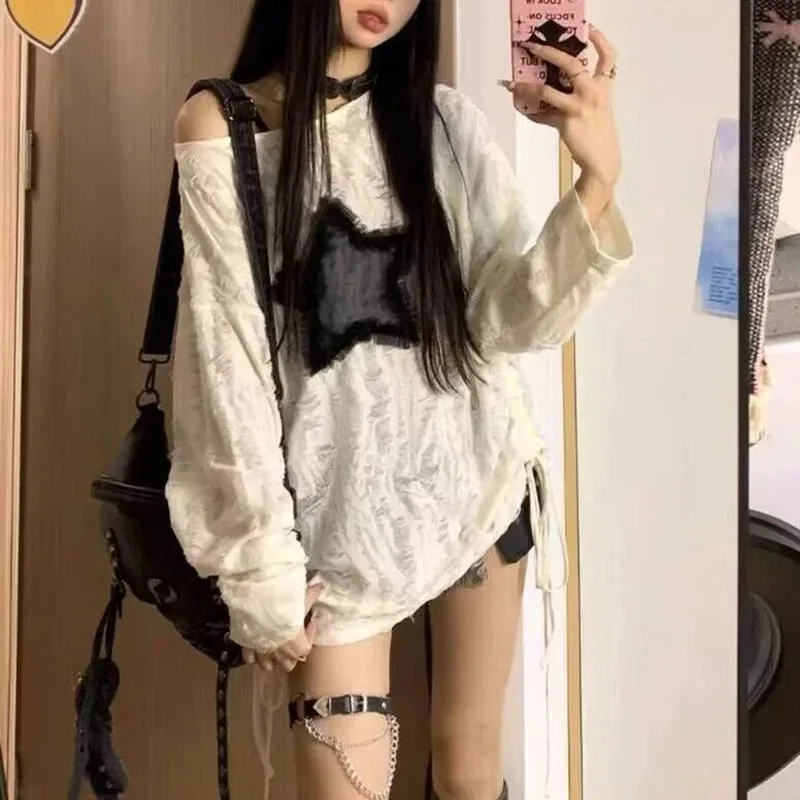 Y2K Hole Star Print T-Shirt Wo - Street Fashion Kpop review and price